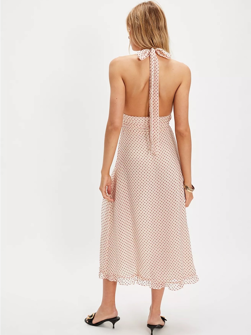 For Love And Lemons Cream Polka Dot Halter Midi with Red Trim - Picture 2 of 6